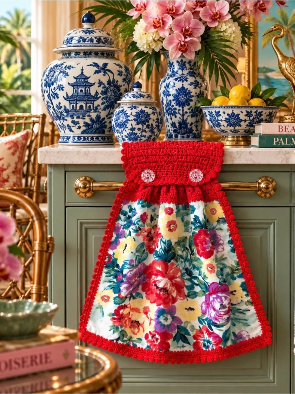 Pioneer Woman Floral Red Crochet Hanging Kitchen Towel